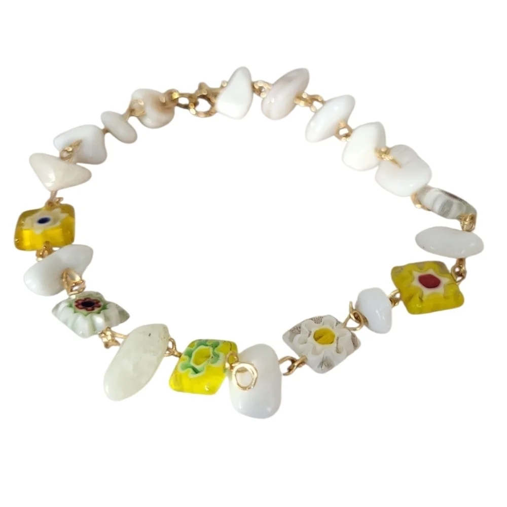 Millefiori Floral Beads & White Quartz Bracelet Copper